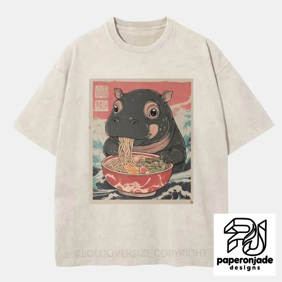 Cute Hippo Eating Ramen Noodles Japanese Art Style Graphic T-Shirt